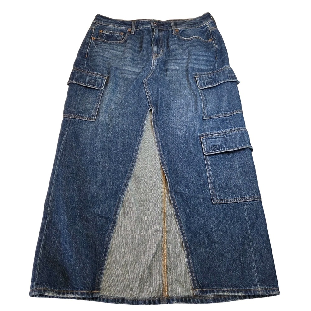 American Eagle Low Rise Denim Cargo Maxi Skirt Size 10 Medium Wash New Y2K